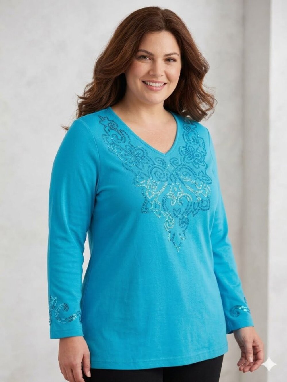 NWT Quacker Factory cotton aqua long sleeve tee, size 1X